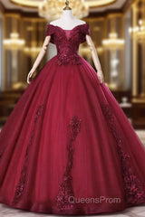 Wine Red Ball Gown Sweetheart Off Shoulder Long Party Dress, Wine Red Sweet 16 Dress