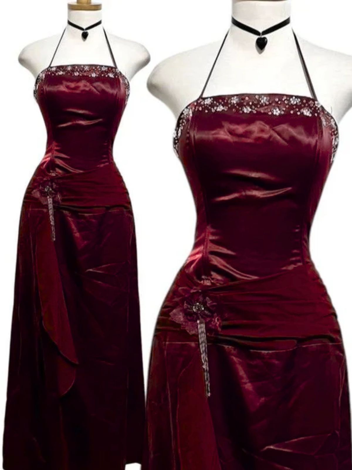 Wine Red Beaded Scoop Halter Satin Long Classy Prom Dress, Wine Red Satin Classy Evening Classy Dress
