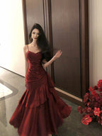 Wine Red Chic Satin Mermaid Sweetheart Long Party Dress, Wine Red Satin Classy Evening Dress