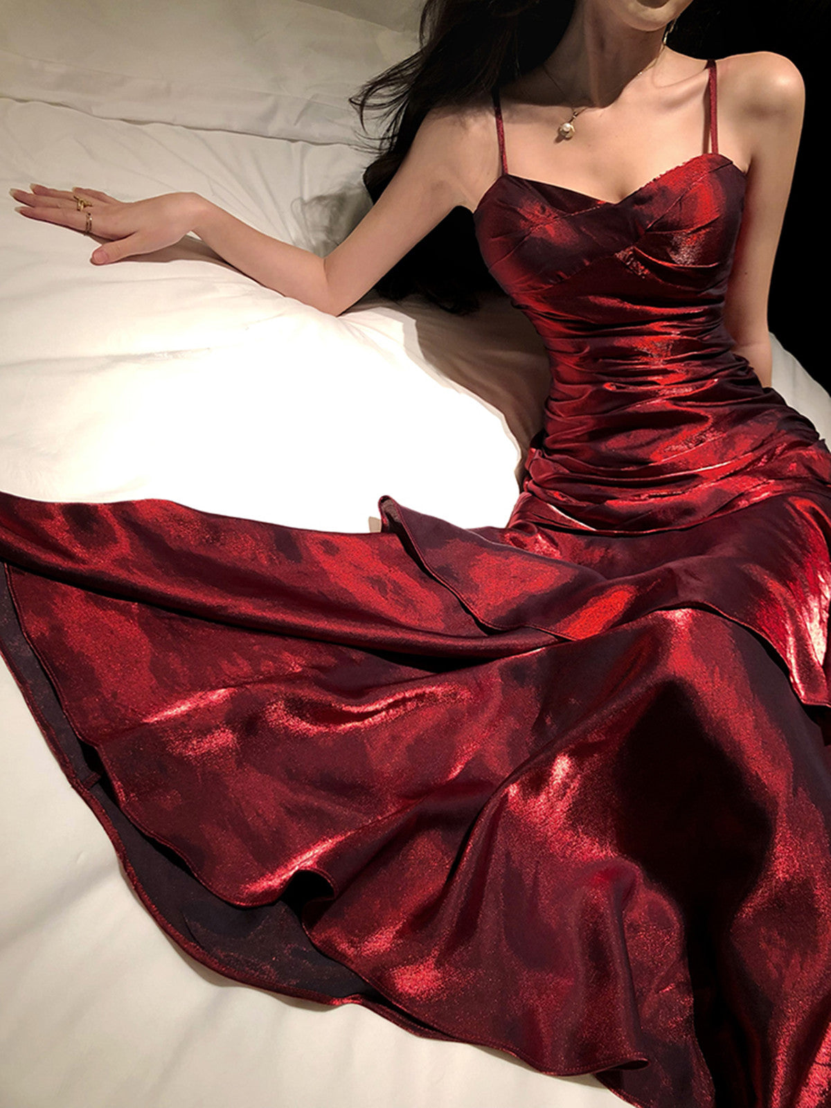 Wine Red Chic Satin Mermaid Sweetheart Long Party Dress, Wine Red Satin Classy Evening Dress Secondary image