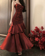 Wine Red Chic Satin Mermaid Sweetheart Long Party Dress, Wine Red Satin Classy Evening Dress