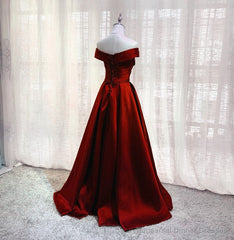 Wine Red Floor Length Off Shoulder Wedding Party Dress, Dark Red Prom Dress