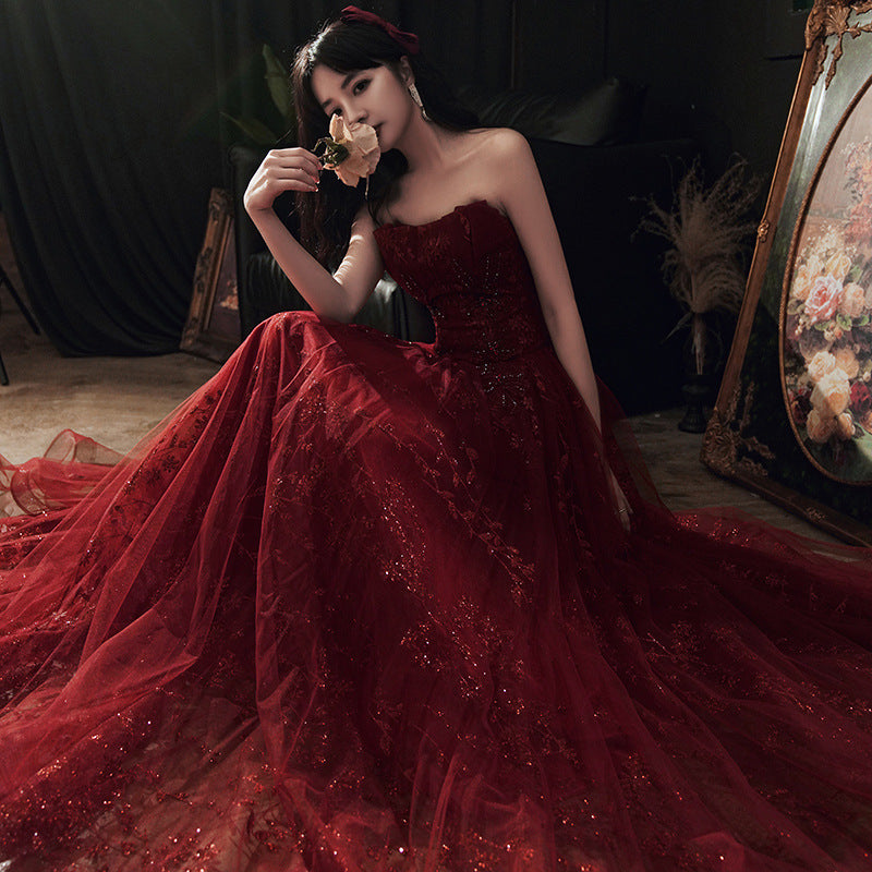 Wine Red Floral Lace And Tulle Long Classy Evening Gown Party Dress, Burgundy Classy Dress 2026