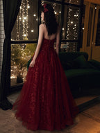 Wine Red Floral Lace And Tulle Long Classy Evening Gown Party Dress, Burgundy Classy Dress 2026