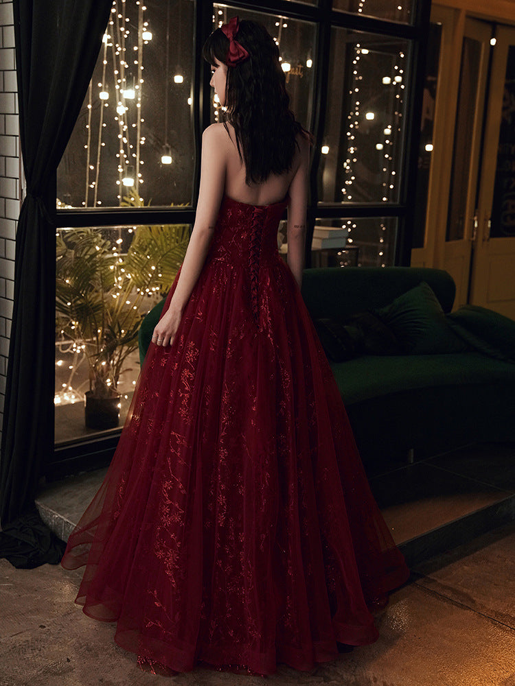 Wine Red Floral Lace And Tulle Long Classy Evening Gown Party Dress, Burgundy Classy Dress 2026