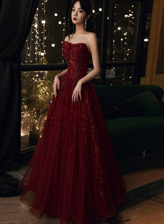 Wine Red Floral Lace And Tulle Long Classy Evening Gown Party Dress, Burgundy Classy Dress 2026 Main image