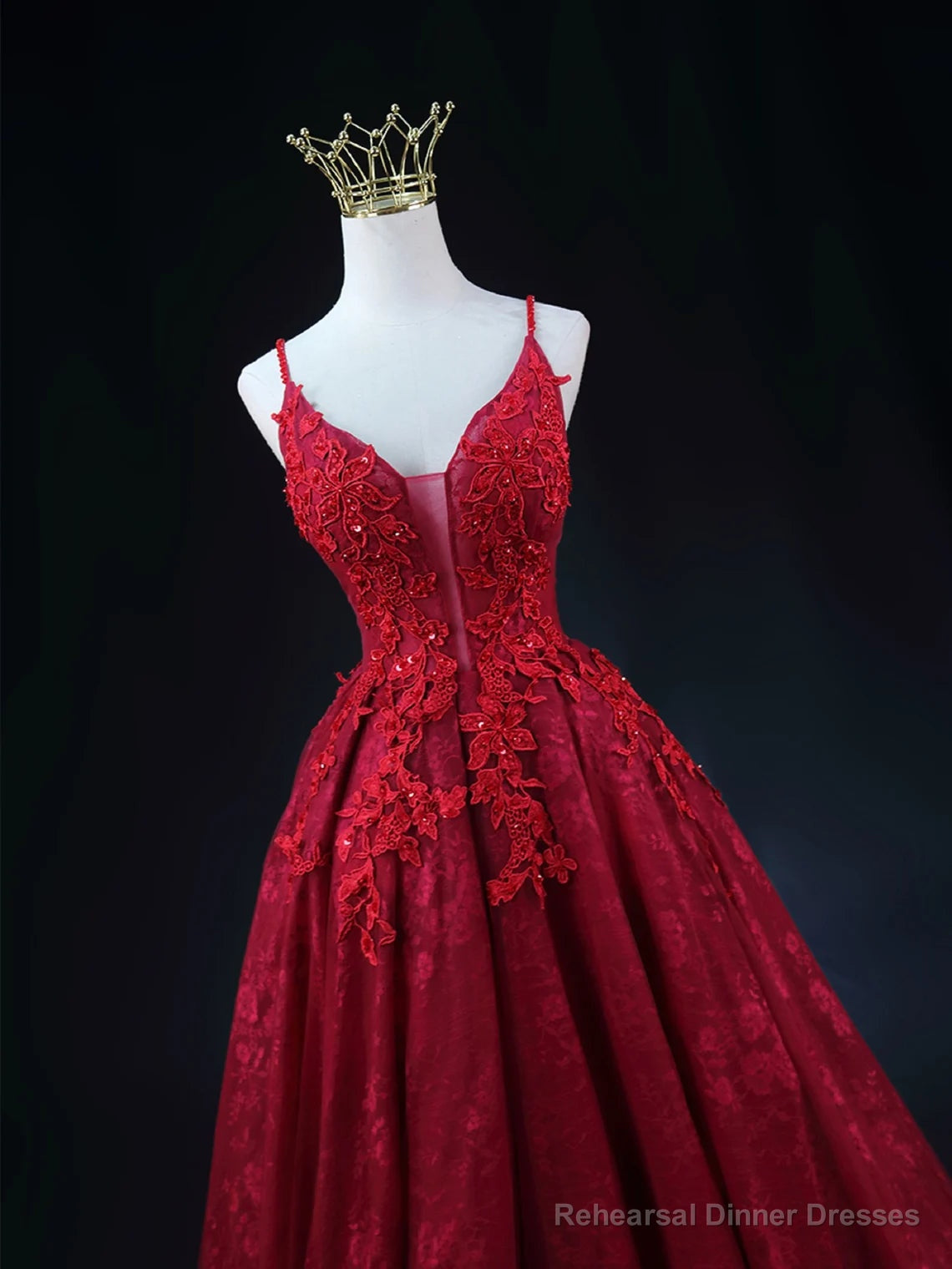 Wine Red Lace Applique Straps V-neckline Party Dress, Floor Length Wine Red Prom Dress