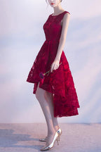 Wine Red Lace High Low Charming Classy Dress, Junior Party Dress, Cute Classy Prom Dress