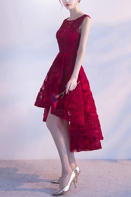 Wine Red Lace High Low Charming Classy Dress, Junior Party Dress, Cute Classy Prom Dress