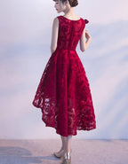 Wine Red Lace High Low Charming Classy Dress, Junior Party Dress, Cute Classy Prom Dress