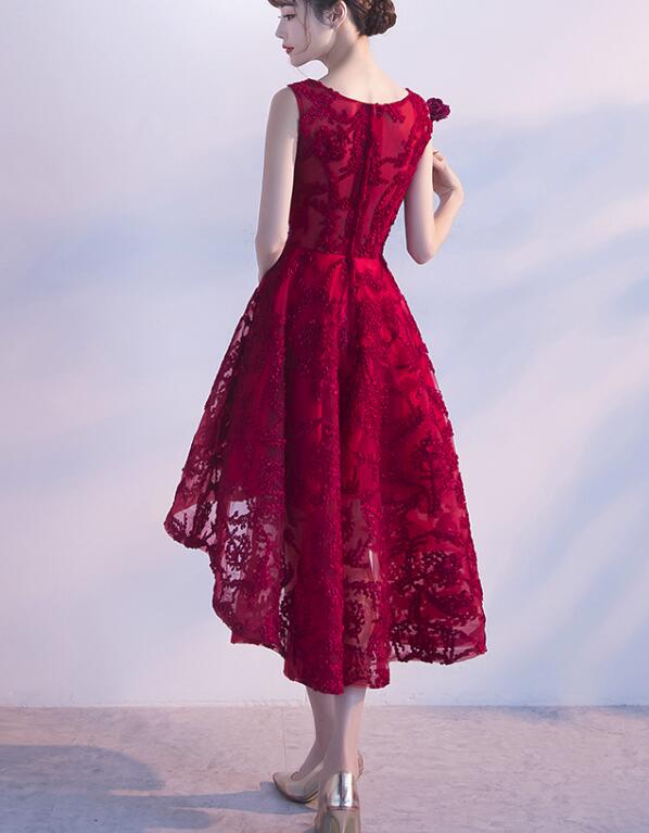 Wine Red Lace High Low Charming Classy Dress, Junior Party Dress, Cute Classy Prom Dress