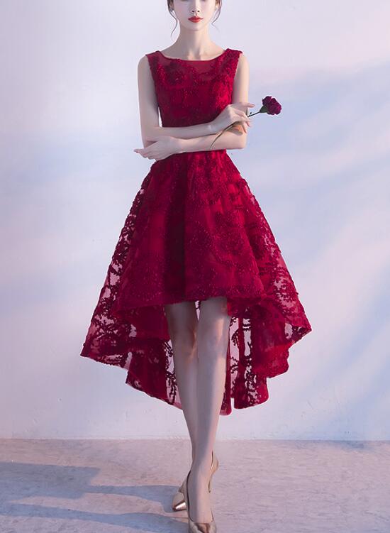 Wine Red Lace High Low Charming Classy Dress, Junior Party Dress, Cute Classy Prom Dress