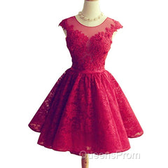Wine Red Lace Knee Length Round Neckline Party Dress, Cute Homecoming Dress