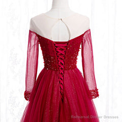 Wine Red Long Sleeves Beaded Tulle Evening Gown, A-line Wine Red Long Prom Dress