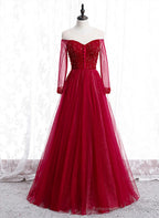 Wine Red Long Sleeves Beaded Tulle Evening Gown A-line Wine Red Long Prom Dress prom dresses shops