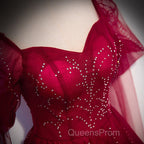 Wine Red Long Sleeves Tulle Evening Gown Evening Prom Dress, Dark Red Beaded Party Dress