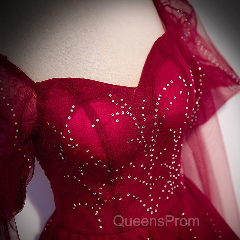 Wine Red Long Sleeves Tulle Evening Gown Evening Prom Dress, Dark Red Beaded Party Dress