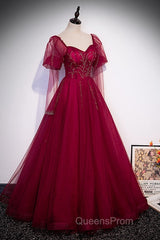 Wine Red Long Sleeves Tulle Evening Gown Evening Prom Dress, Dark Red Beaded Party Dress