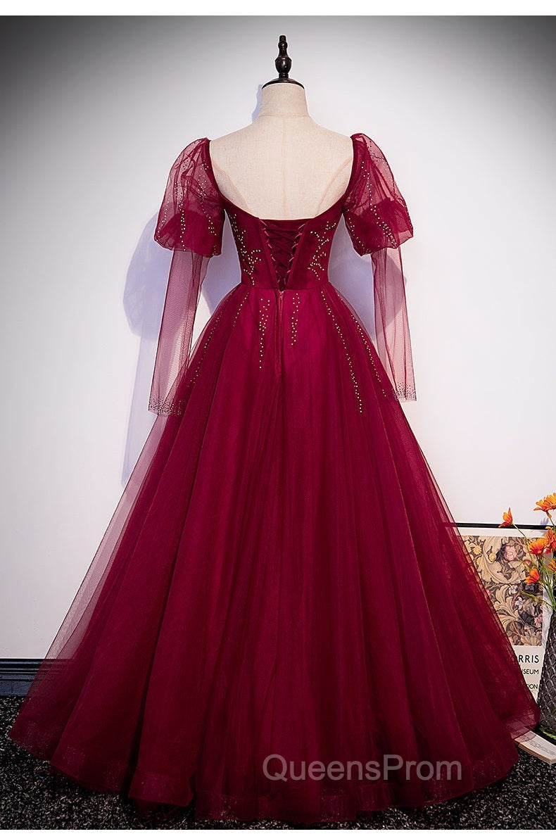 Wine Red Long Sleeves Tulle Evening Gown Evening Prom Dress, Dark Red Beaded Party Dress