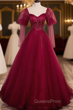 Wine Red Long Sleeves Tulle Evening Gown Evening Prom Dress, Dark Red Beaded Party Dress