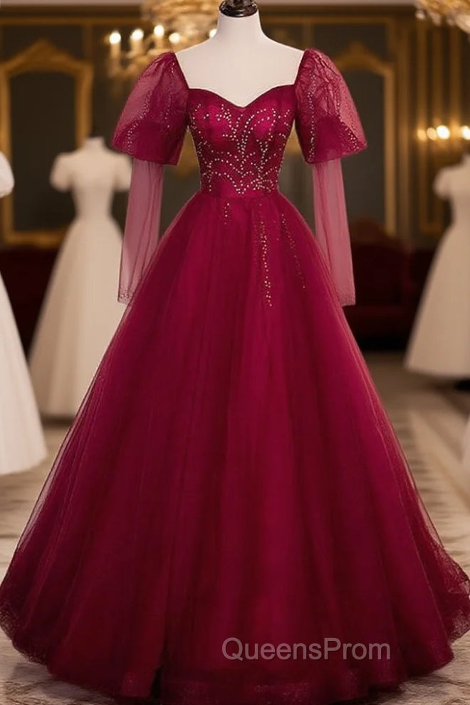 Wine Red Long Sleeves Tulle Evening Gown Evening Prom Dress, Dark Red Beaded Party Dress