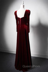 Wine Red Long Sleeves Velvet Long Party Dress, Wine Red A-Line Evening Prom Dress Wedding Party Dress