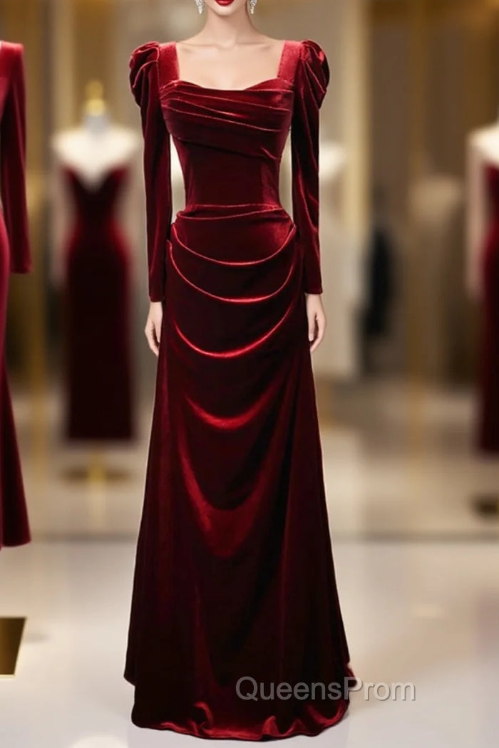Wine Red Long Sleeves Velvet Long Party Dress, Wine Red A-Line Evening Prom Dress Wedding Party Dress