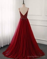Wine Red Long Tulle V-neckline Beaded Junior Prom Dress, Dark Red Party Dress