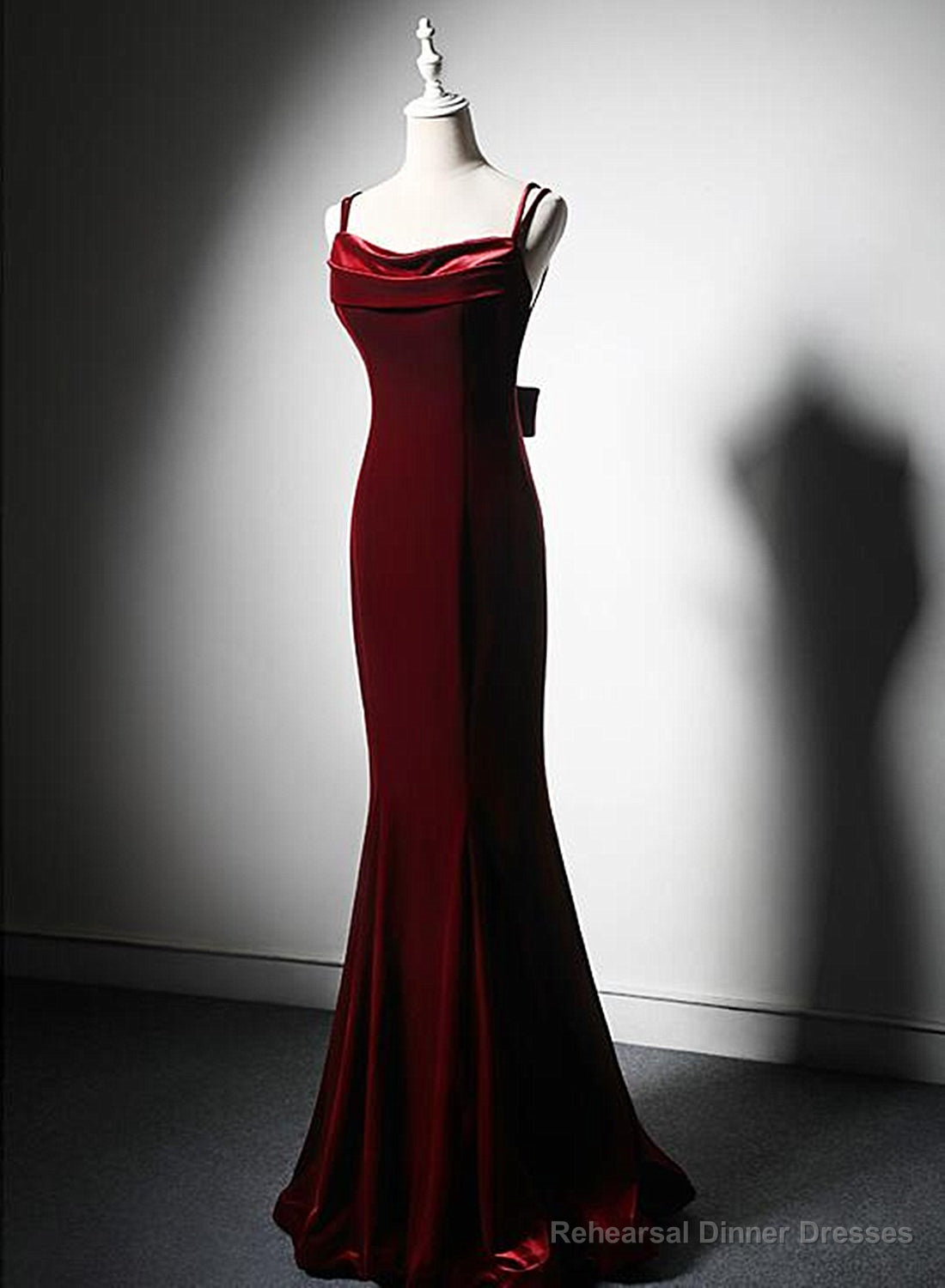 Wine Red Low Back Mermaid Formal Dress, Velvet Straps Long Prom Dress Main image
