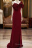 Wine Red Mermaid Evening Gown With Leg Slit, Straps Long Evening Prom Dress