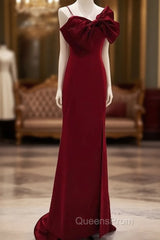 Wine Red Mermaid Evening Gown With Leg Slit, Straps Long Evening Prom Dress