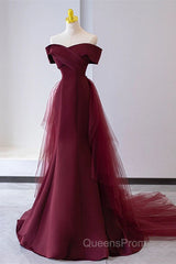 Wine Red Mermaid Lace-Up Satin Long Formal Dress, Wine Red Off Shoulder Evening Dress