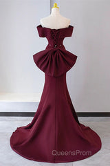 Wine Red Mermaid Lace-Up Satin Long Formal Dress, Wine Red Off Shoulder Evening Dress