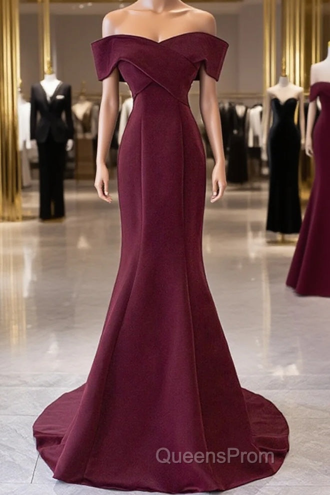 Wine Red Mermaid Lace-Up Satin Long Formal Dress, Wine Red Off Shoulder Evening Dress Main image