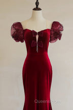 Wine Red Mermaid Long Party Dress With Bow, Wine Red Evening Dress Evening Prom Dress