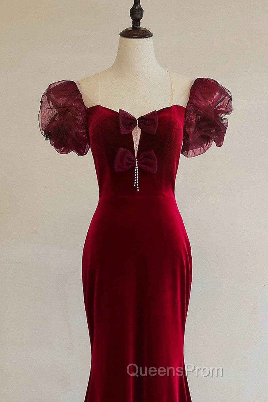 Wine Red Mermaid Long Party Dress With Bow, Wine Red Evening Dress Evening Prom Dress