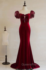 Wine Red Mermaid Long Party Dress With Bow, Wine Red Evening Dress Evening Prom Dress