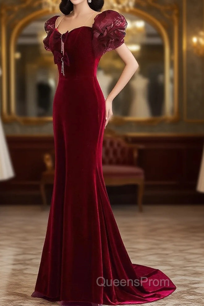 Wine Red Mermaid Long Party Dress With Bow, Wine Red Evening Dress Evening Prom Dress Main image