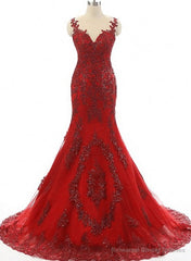 Wine Red Mermaid Long Party Dress with Lace Applique, Wine Red Formal Dresses