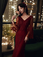 Wine Red Mermaid Long Classy Prom Dress With Lace, V-Neckline Classy Prom Dress