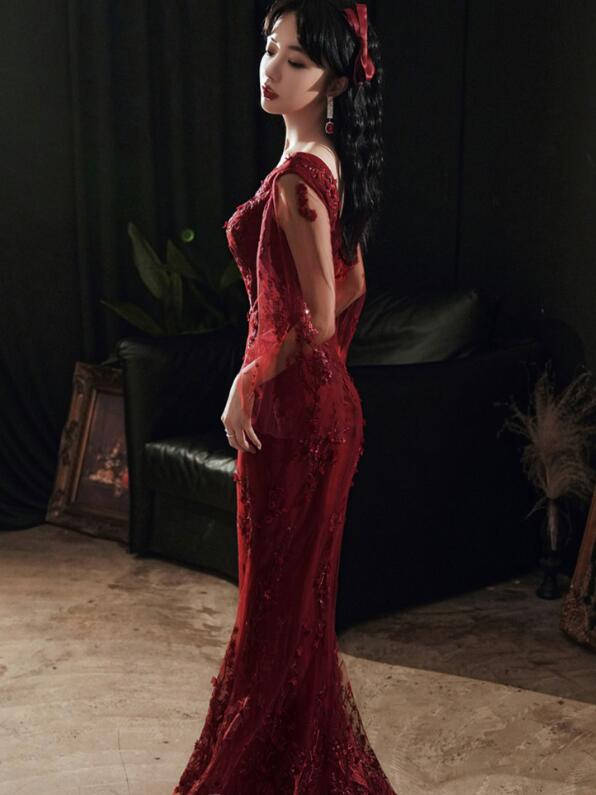 Wine Red Mermaid Long Classy Prom Dress With Lace, V-Neckline Classy Prom Dress