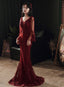 Wine Red Mermaid Long Classy Prom Dress With Lace, V-Neckline Classy Prom Dress