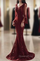 Wine Red Mermaid Long Evening Prom Dress With Lace, V-Neckline Evening Prom Dress
