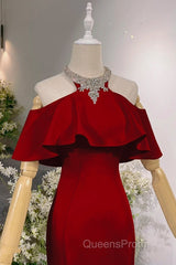 Wine Red Mermaid Off Shoulder Halter Neckline Party Dress, Wine Red Evening Gown