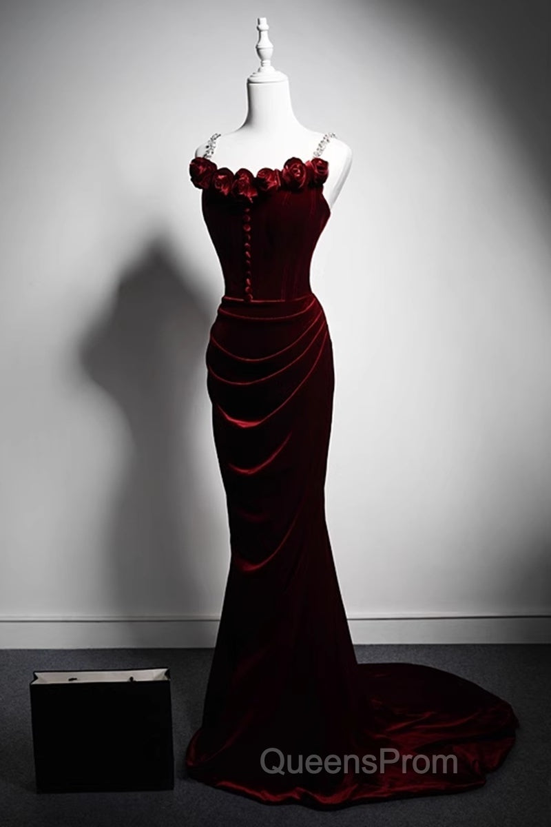 Wine Red Mermaid Straps Beaded Long Formal Dress, Wine Red Evening Dress Evening Prom Dress