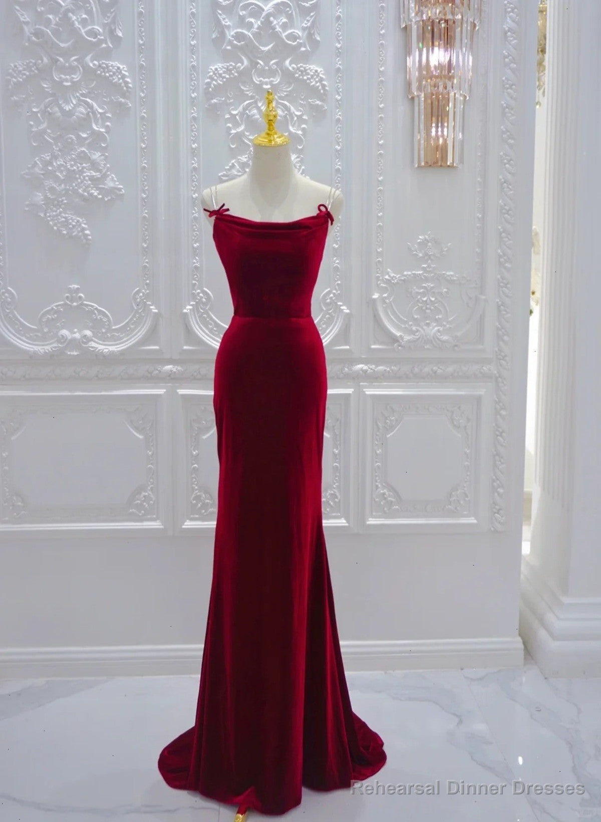 Wine Red Mermaid Straps Long Evening Dress, Wine Red Velvet Party Dress Main image