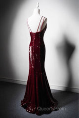 Wine Red Mermaid Straps Long Evening Prom Dress Party Dress, Wine Red Sequins Evening Dress