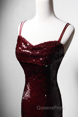Wine Red Mermaid Straps Long Evening Prom Dress Party Dress, Wine Red Sequins Evening Dress