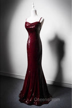 Wine Red Mermaid Straps Long Evening Prom Dress Party Dress, Wine Red Sequins Evening Dress