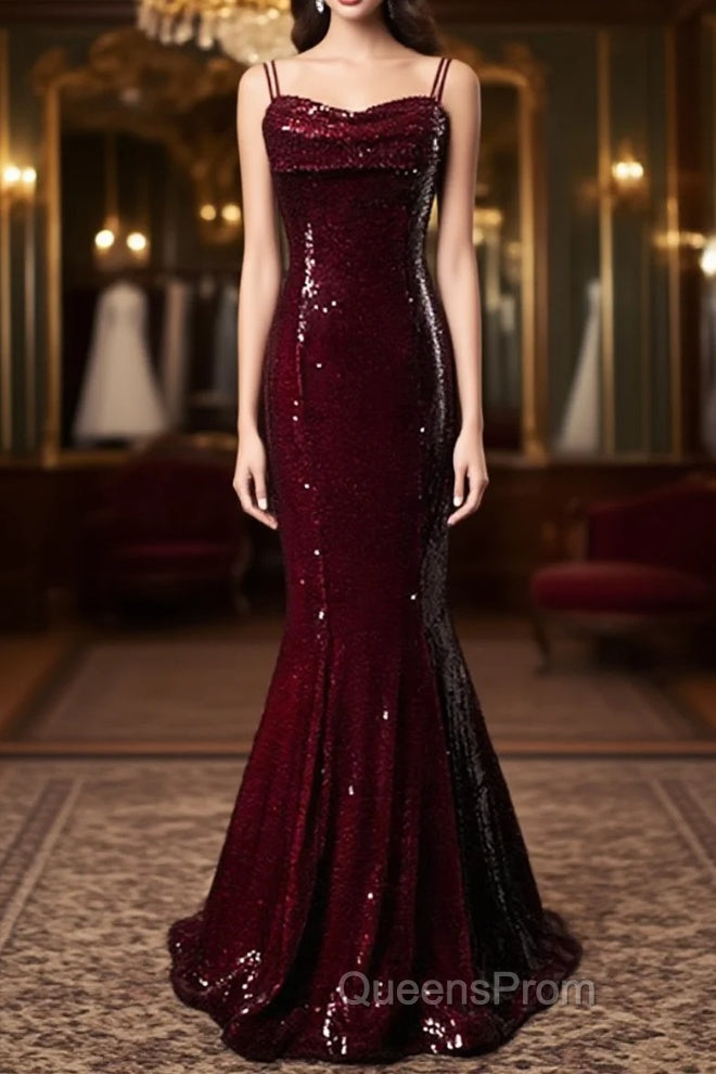 Wine Red Mermaid Straps Long Evening Prom Dress Party Dress, Wine Red Sequins Evening Dress Main image